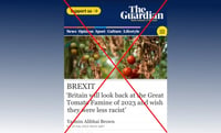 False: An image shows an article published by The Guardian about a tomato famine in the U.K.