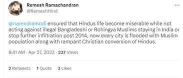 Screenshot of tweet saying," @narendramodi ensured that Hindus life become miserable while not acting against illegal Bangaldeshi or Rohingya Muslims."