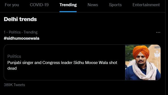 Screenshot shows "Delhi trends" with the hashtag #SidhuMooseWala at the top