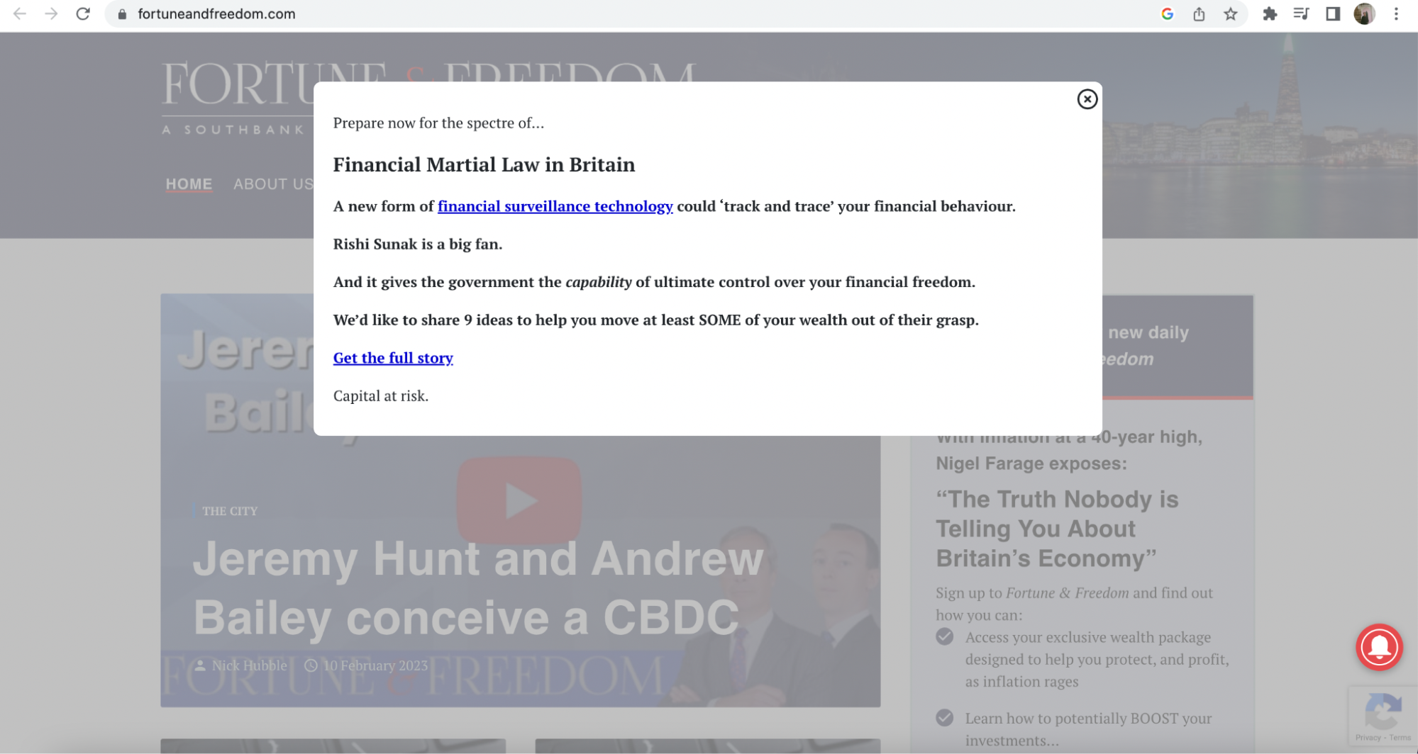Screenshot of a popup on the Fortune and Freedom website, reading "financial martial law in britain: a new form of financial surveillance technology could track and trace your financial behavior. Rishi sunak is a big fan. And it gives the government the capability of ultimate control over your financial freedom. We'd like to share 9 ideas to help you move at least SOME of your wealth out of their grasp. Get the full story. (link) Capital at risk."