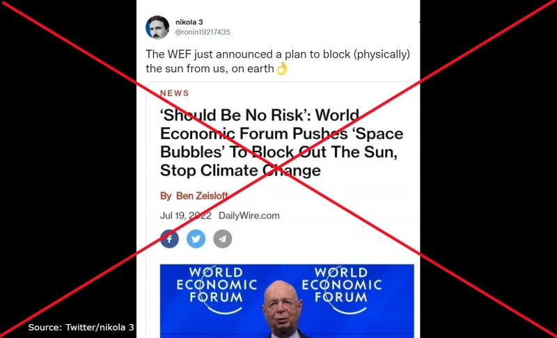 False: The World Economic Forum plans to block the sun physically using 'space bubbles' to stop climate change.