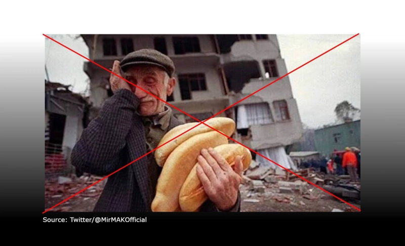 False: This photo shows a senior citizen holding bread and crying in front of a damaged building after the February 6, Turkey earthquake.