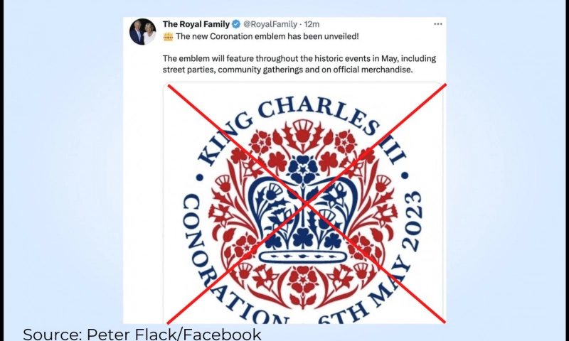False: The Royal Family misspelled 'coronation' while revealing King Charles' coronation emblem.