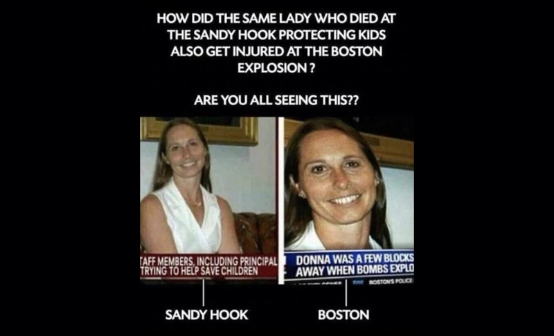 False: The media claimed that the same person died at both the Sandy Hook shooting and the Boston Marathon bombing, indicating that both of those events were hoaxes.