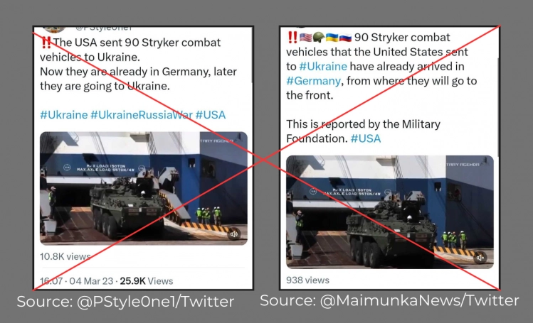 Misleading: About 90 Stryker armored vehicles en route to Ukraine from the U.S. have arrived in Germany.
