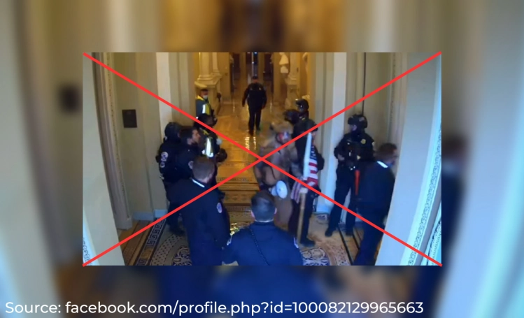 False: Surveillance footage proves Capitol Police helped QAnon Shaman Jacob Chansley on January 6 and acted as his 'tour guide.'