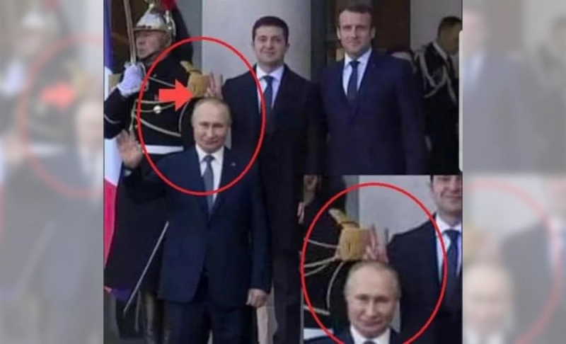 False: An image shows Volodymyr Zelenskyy making a V sign behind Vladimir Putin's head.