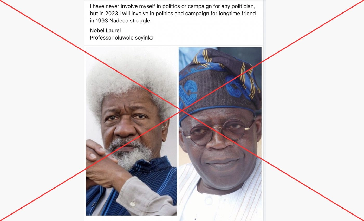False: Wole Soyinka endorsed Bola Tinubu for the Nigerian presidency.