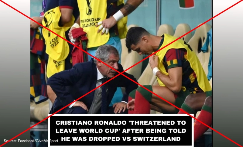 False: Cristiano Ronaldo threatened to leave the 2022 FIFA World Cup after being benched in Portugal's match against Switzerland.