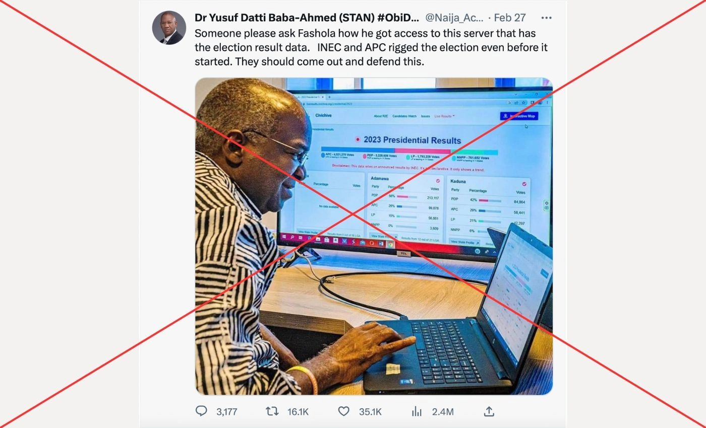 False: A photo shows Nigerian politician Babatunde Fashola accessing INEC's server, which contains election results.
