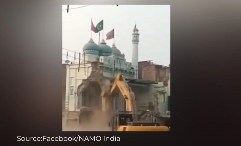 False: Uttar Pradesh government demolished a mosque in Prayagraj after a Pakistani flag was hoisted over it.
