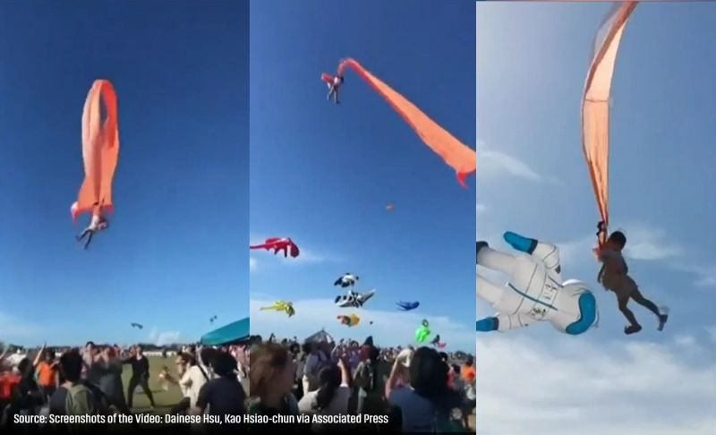 True: A 3-year-old girl became entangled in the tail of a giant kite and sent flying high into the air.