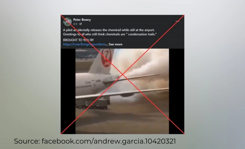 False: A video shows an airplane accidentally releasing 'chemtrails' while stationary at an airport.