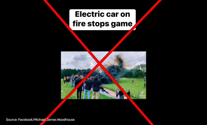 False: Black smoke emerging from an electric car disrupted a football game.