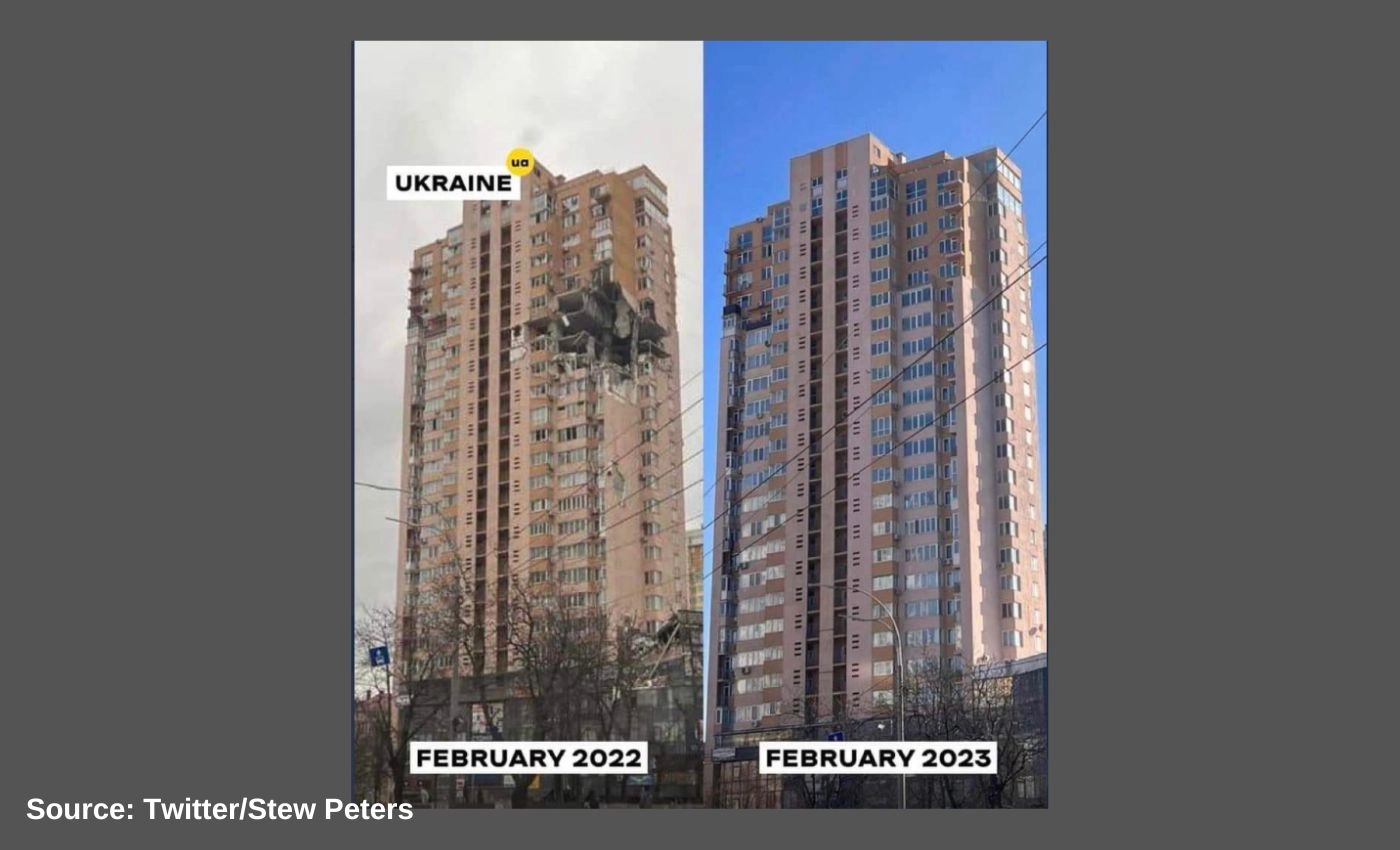 False: A photo of a Kyiv residential building damaged in February 2022 by a Russian missile strike, and repaired a year later, proves the war is fake.