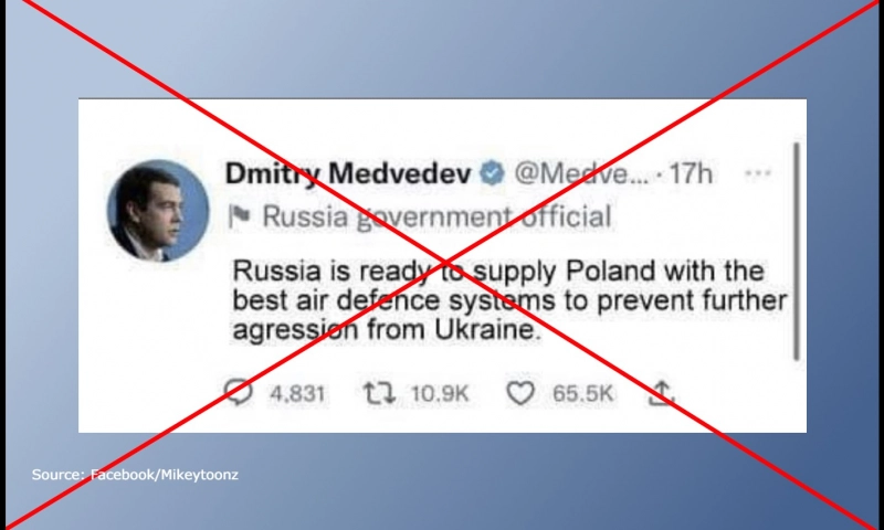 False: Former Russian President Dmitry Medvedev said Russia is ready to provide Poland with the best air defense systems against Ukraine.