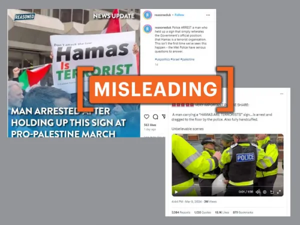 No, a man was not arrested for holding an anti-Hamas placard at London protest