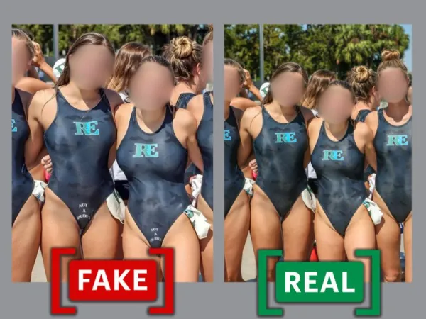 2018 image of U.S. girls’ water polo team edited to add sexist text on swimsuits