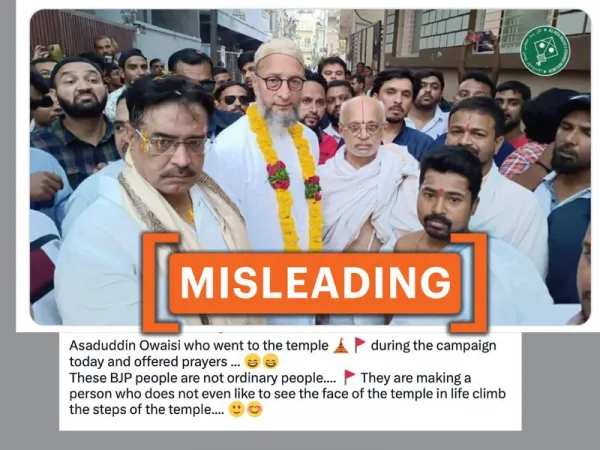 No, this photo does not show Hyderabad MP Asaduddin Owaisi visiting a temple
