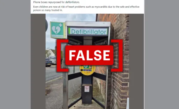No, defibrillators are not being placed in phone boxes due to COVID-19 vaccine side effects