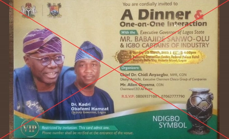 False: Lagos' governor invited Igbo business leaders to dinner in an attempt to boost his re-election efforts.