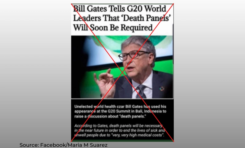False: Bill Gates told world leaders at the G20 summit that 'death panels' will soon be required.