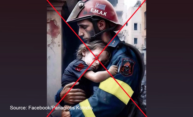 False: This image shows a Greek firefighter holding a child amid the aftermath of the Turkey earthquake.