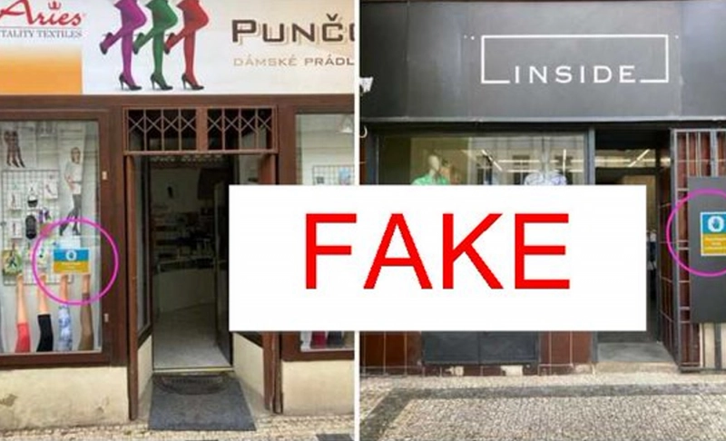 False: An image shows shops in Prague that have put up signs prohibiting Ukrainians from entering.