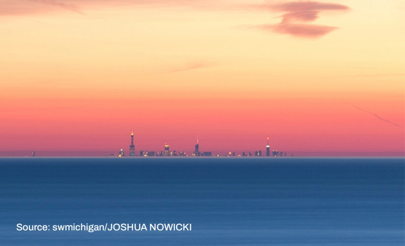 False: A video shows the entire Chicago skyline, as seen from the Indiana dunes because the Earth is flat.