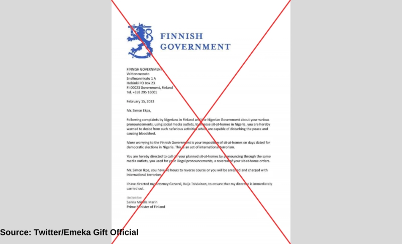 False: The Finnish government has issued a letter to Simon Ekpa demanding he cancels his protests against the upcoming elections.