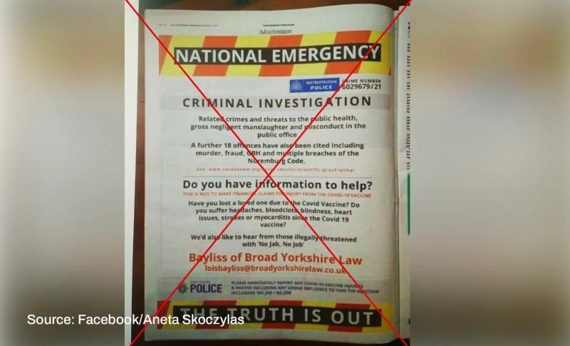 False: The Met Police published an advertisement about an investigation on how COVID-19 vaccines kill people in the Rotherham Advertiser.