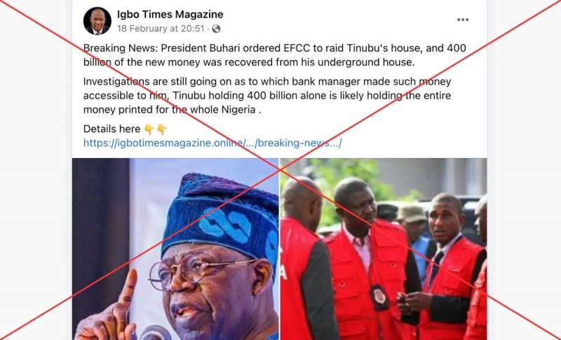 False: 400 billion Naira was found at the home of APC presidential candidate Bola Tinubu.