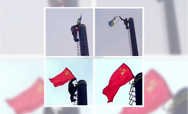 False: This image shows a Ukrainian flag being removed and a Soviet flag hoisted in its place in Mariupol during the 2022 Russian invasion.
