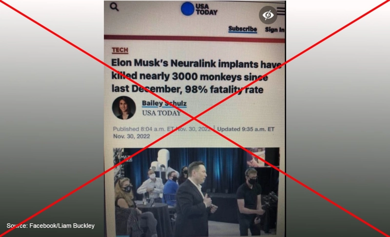 False: A report by USA Today claims that Elon Musk's Neuralink implants have killed over 3,000 monkeys.