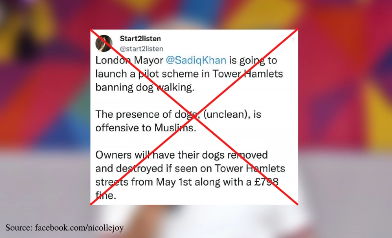 False: London's Mayor Sadiq Khan will launch a scheme to ban dog walking in Tower Hamlets.