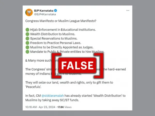 Special reservation, wealth distribution for Muslims: Karnataka BJP makes false claims about Congress manifesto