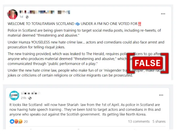 No, Police Scotland has not been told to target actors and comedians under new hate crime law